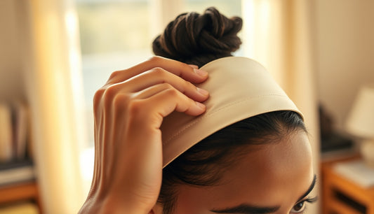 Woman pressing a wide satin edge band flat against her hairline