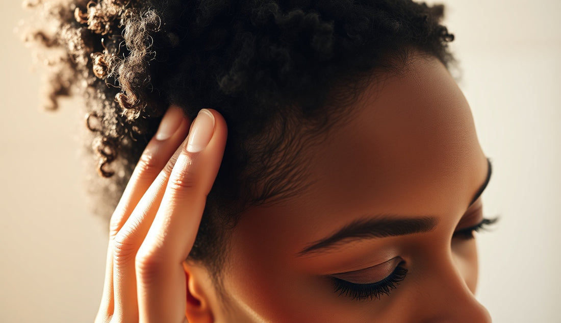 Black woman examining thinning edges and inflamed scalp near hairline
