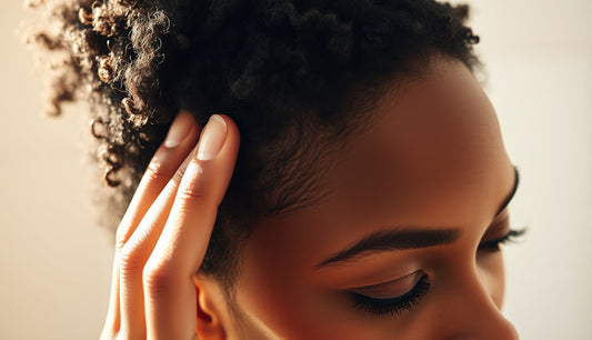 Black woman examining thinning edges and inflamed scalp near hairline