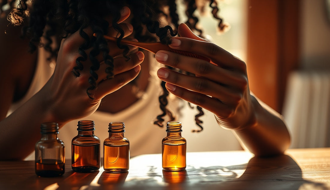 Woman detangling natural coily hair gently with a wide-tooth comb near window light