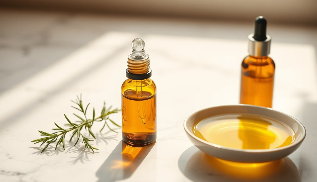 Amber dropper bottles with fresh rosemary and jojoba oil on marble surface