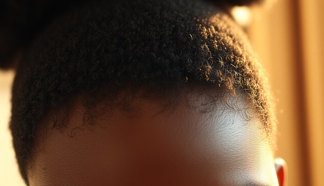 Close-up of natural hair showing new baby hairs growing back at the temple hairline