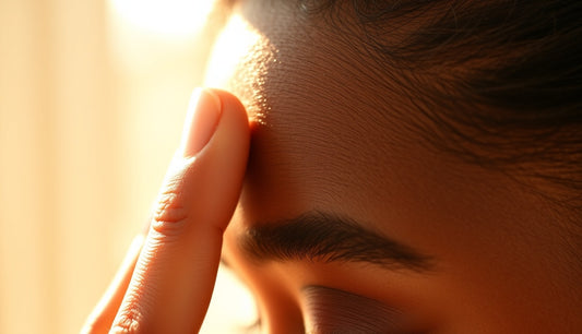 Black woman examining fine new growth at her hairline near the temple