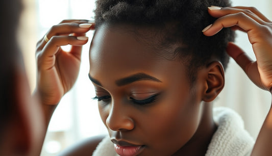 Black woman examining her thinning edges in a bathroom mirror under natural light