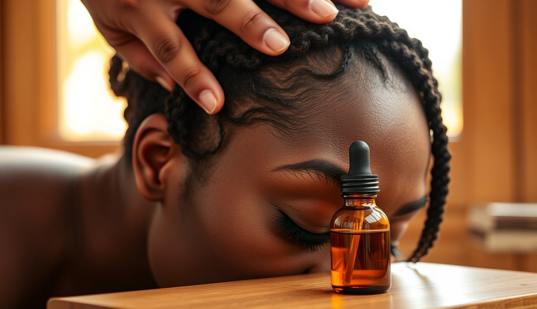Black woman massaging thinning temple edges with natural oil in soft morning light