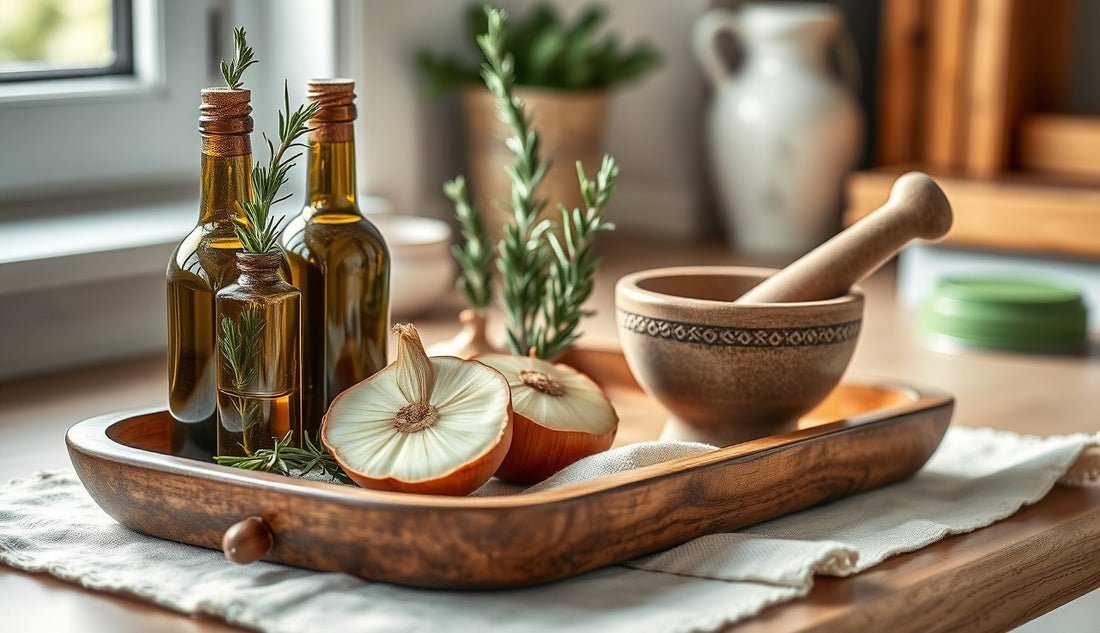 Natural hair growth recipe ingredients including rosemary oil bottles and fresh herbs on a wooden tray