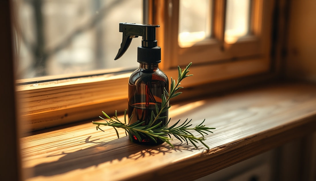 Dark glass rosemary oil spray bottle beside fresh rosemary sprig on wooden shelf