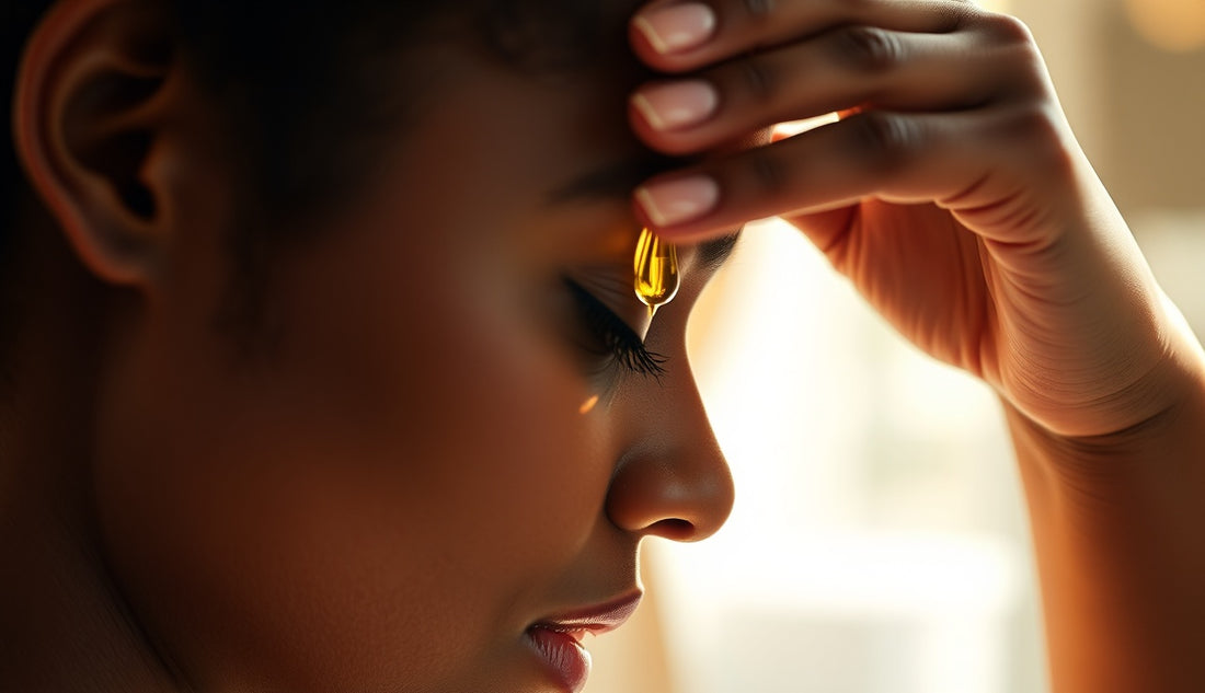 Black woman applying oil to thinning edges at her hairline in morning light