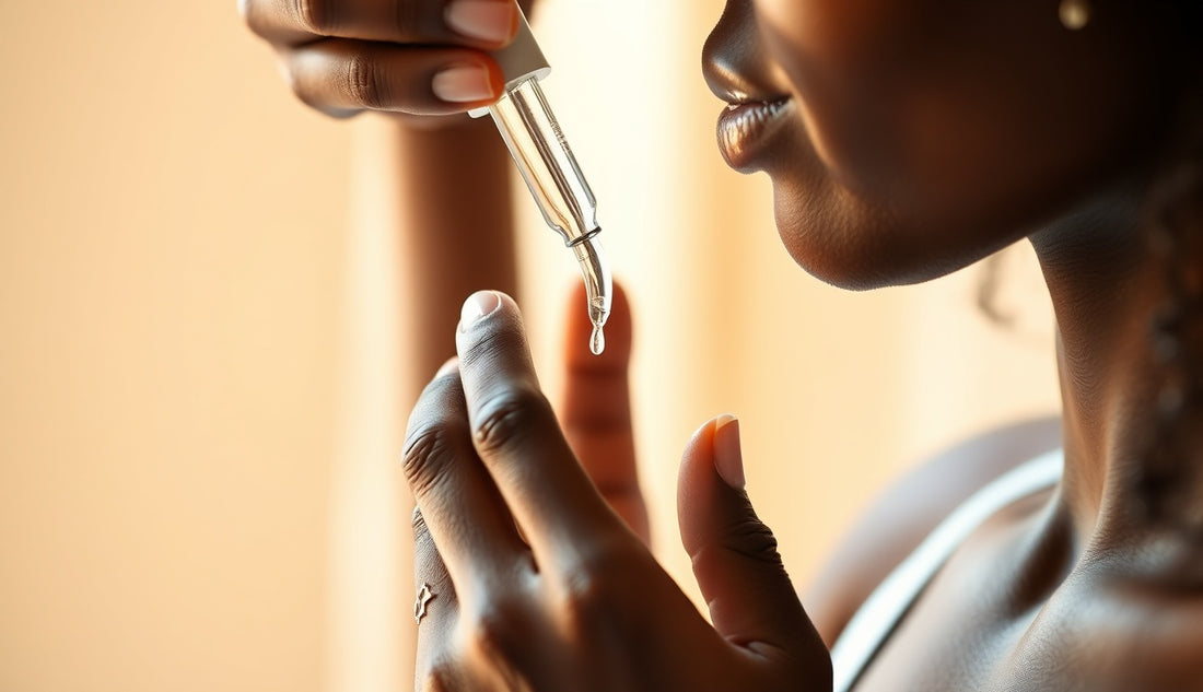 Woman applying minoxidil dropper to thinning edges along her hairline