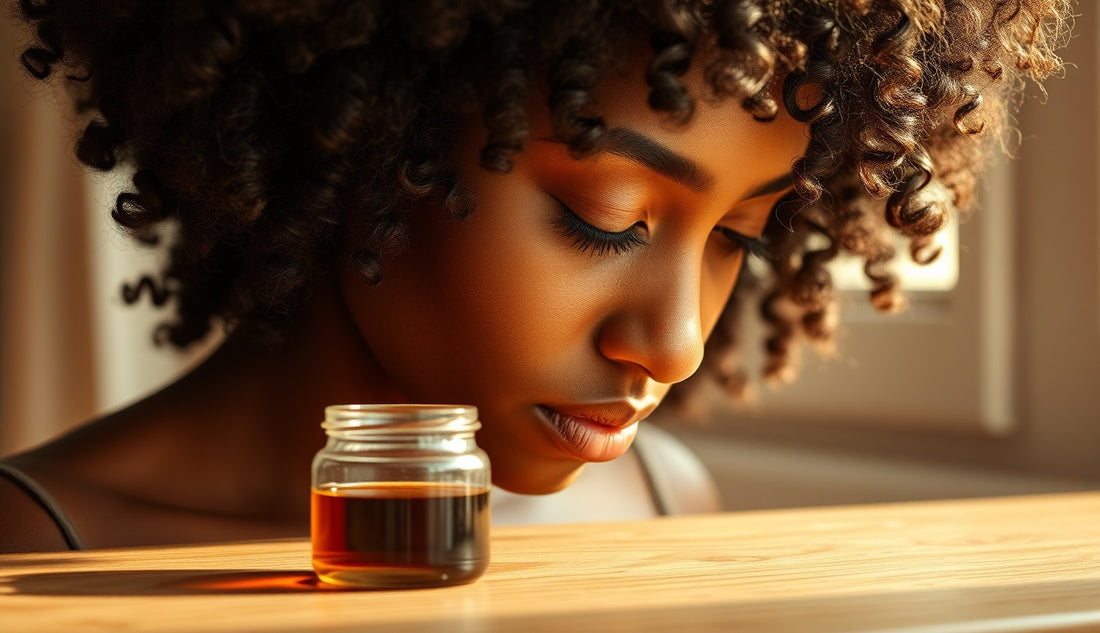 Black woman applying oil to her hairline to retain moisture in high porosity edges