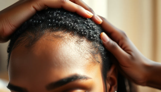 Black woman gently touching her hairline showing postpartum hair regrowth