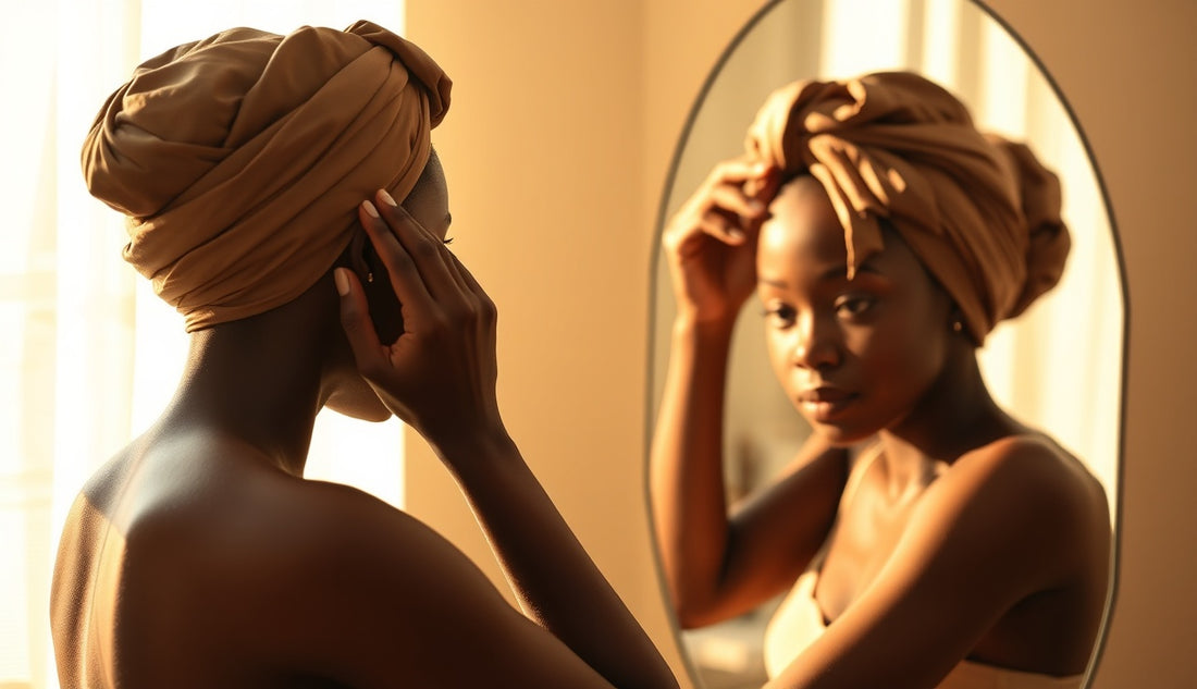 Black woman wrapping a satin-lined turban around her natural hair at a vanity mirror