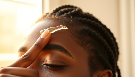 Black woman applying oil to thinning edge hairline in warm window light