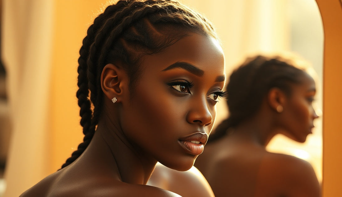 Black woman with a halo braid showing styled edges at her hairline